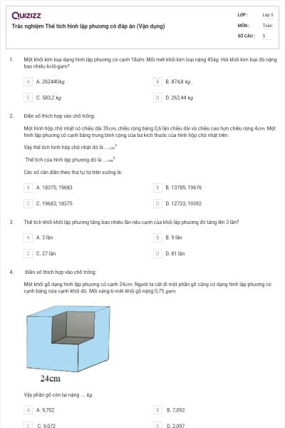Trắc nghiệm Thể tích hình lập phương có đáp án (Vận dụng)