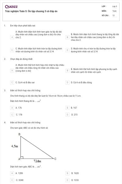Trắc nghiệm Toán 5: Ôn tập chương 3 có đáp án