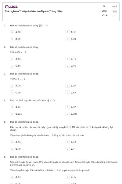 Trắc nghiệm Tỉ số phần trăm có đáp án (Thông hiểu)