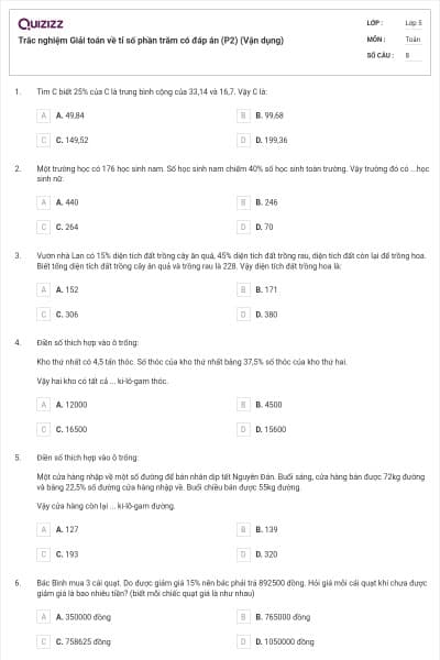 Trắc nghiệm Giải toán về tỉ số phần trăm có đáp án (P2) (Vận dụng)