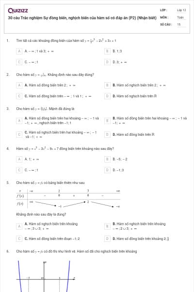 30  câu Trắc nghiệm Sự đồng biến, nghịch biến của hàm số có đáp án (P2) (Nhận biết)