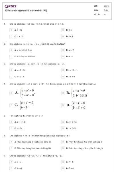 125 câu trắc nghiệm Số phức cơ bản (P1)