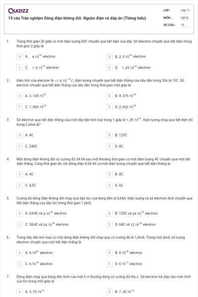 15 câu Trắc nghiệm Dòng điện không đổi. Nguồn điện có đáp án (Thông hiểu)