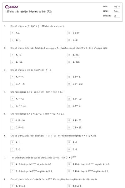 125 câu trắc nghiệm Số phức cơ bản (P2)