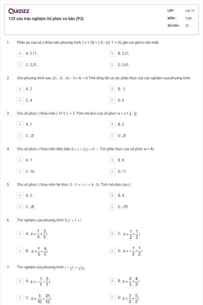 125 câu trắc nghiệm Số phức cơ bản (P3)