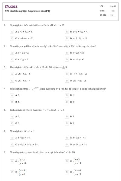 125 câu trắc nghiệm Số phức cơ bản (P4)