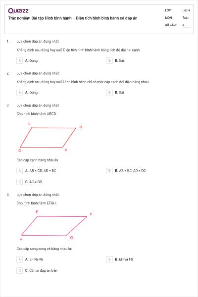 Trắc nghiệm Bài tập Hình bình hành – Diện tích hình bình hành có đáp án