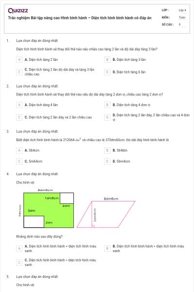 Trắc nghiệm Bài tập nâng cao Hình bình hành – Diện tích hình bình hành có đáp án