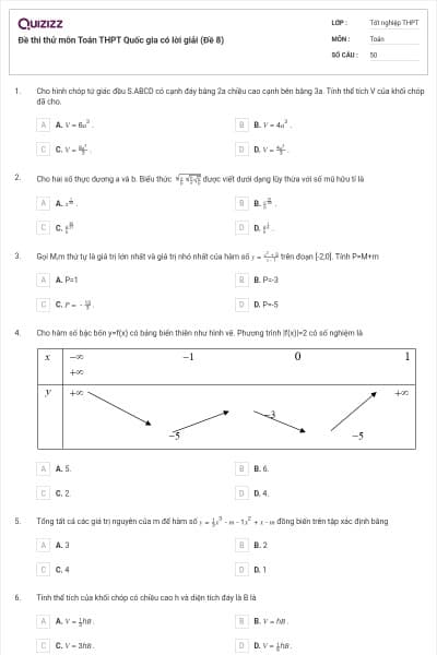 Đề thi thử môn Toán THPT Quốc gia có lời giải (Đề 8)