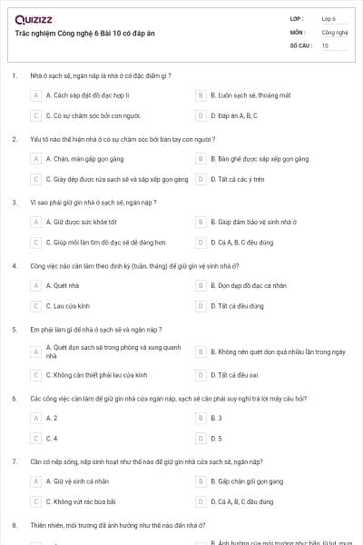 Trắc nghiệm Công nghệ 6 Bài 10 có đáp án
