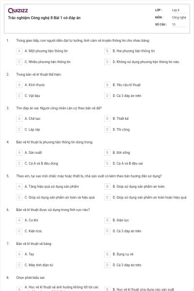 Trắc nghiệm Công nghệ 8 Bài 1 có đáp án