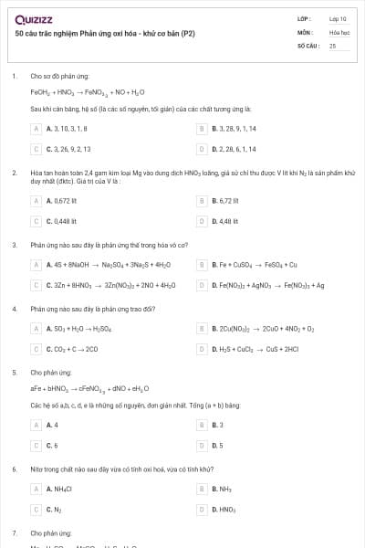 50 câu trắc nghiệm Phản ứng oxi hóa - khử cơ bản (P2)