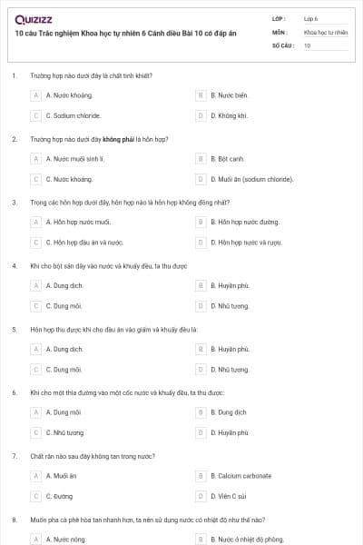 10 câu Trắc nghiệm Khoa học tự nhiên 6 Cánh diều Bài 10 có đáp án