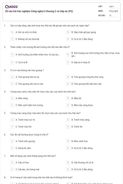 30 câu hỏi trắc nghiệm Công nghệ 6 Chương 2 có đáp án (P2)