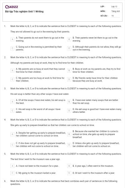 Bài tập Trắc nghiệm Unit 1 Writing