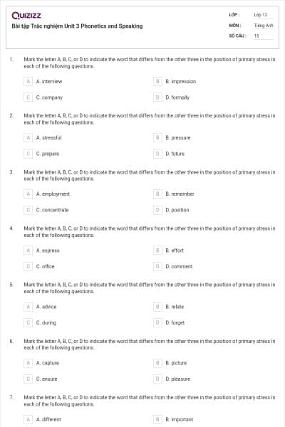 Bài tập Trắc nghiệm Unit 3 Phonetics and Speaking