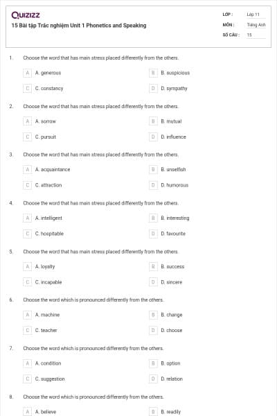 15 Bài tập Trắc nghiệm Unit 1 Phonetics and Speaking