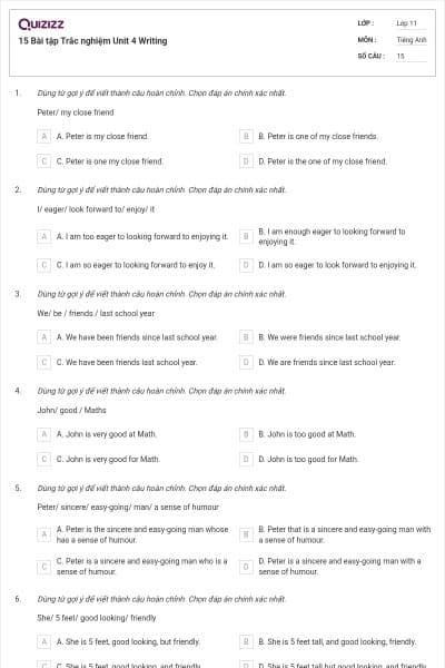 15 Bài tập Trắc nghiệm Unit 4 Writing