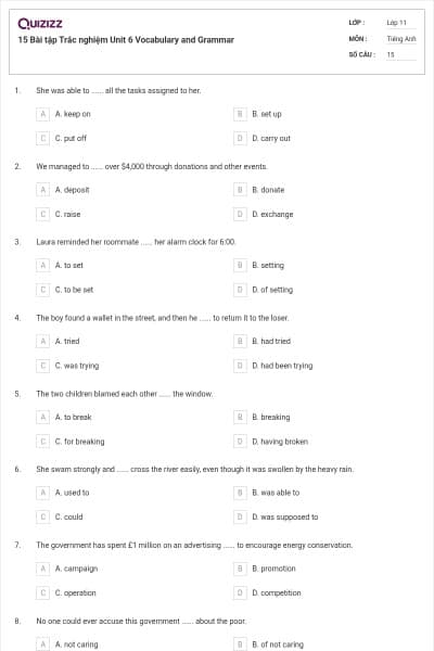 15 Bài tập Trắc nghiệm Unit 6 Vocabulary and Grammar