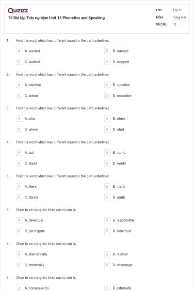 15 Bài tập Trắc nghiệm Unit 14 Phonetics and Speaking