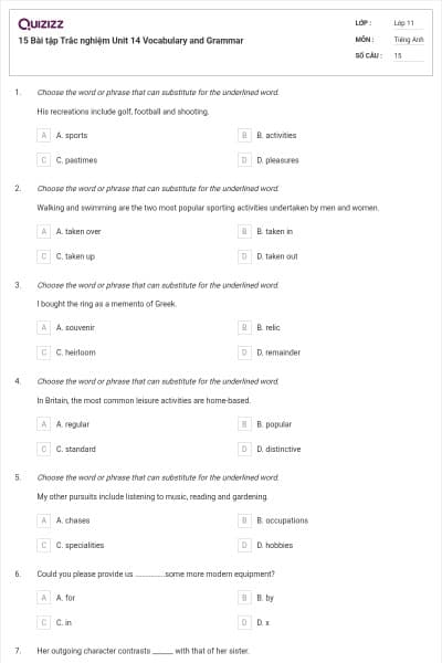 15 Bài tập Trắc nghiệm Unit 14 Vocabulary and Grammar