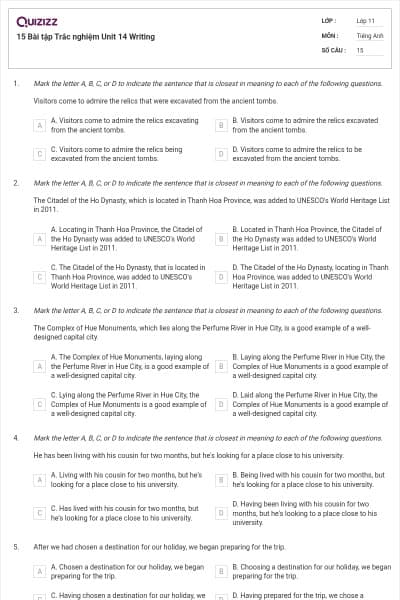 15 Bài tập Trắc nghiệm Unit 14 Writing