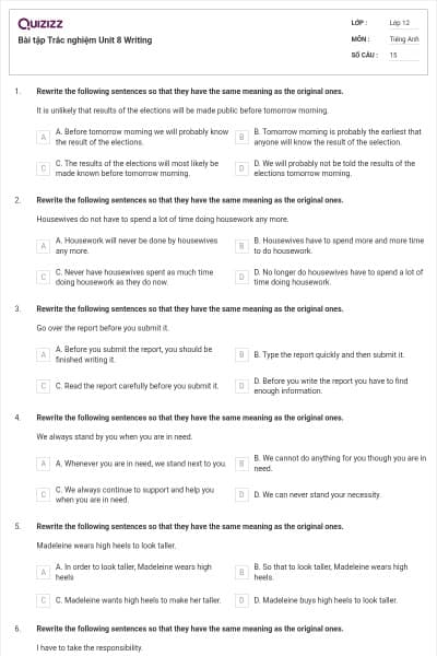 Bài tập Trắc nghiệm Unit 8 Writing