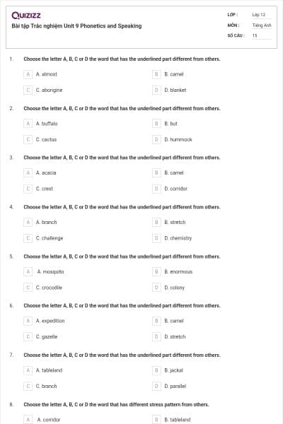 Bài tập Trắc nghiệm Unit 9 Phonetics and Speaking