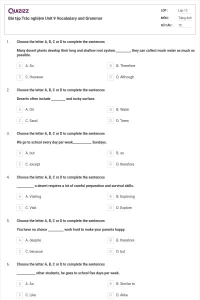 Bài tập Trắc nghiệm Unit 9 Vocabulary and Grammar