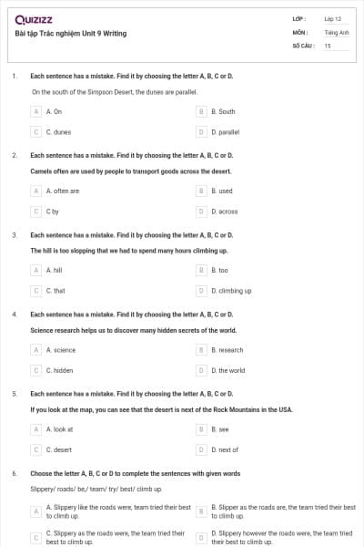 Bài tập Trắc nghiệm Unit 9 Writing