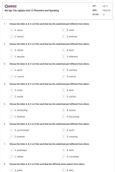 Bài tập Trắc nghiệm Unit 12 Phonetics and Speaking