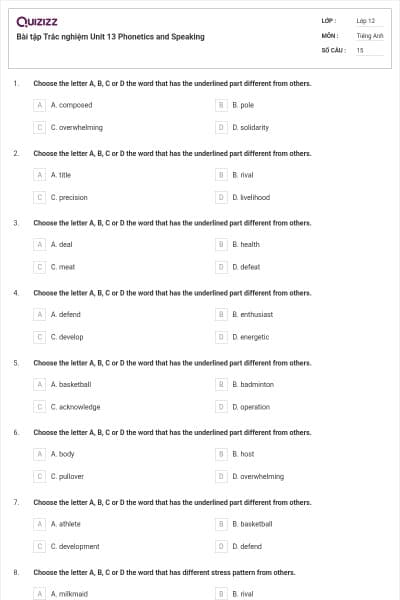 Bài tập Trắc nghiệm Unit 13 Phonetics and Speaking