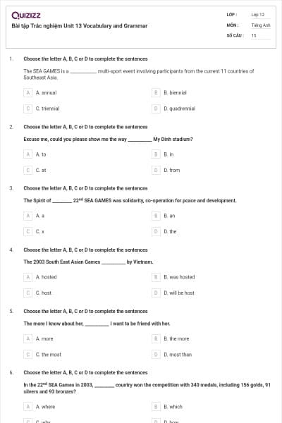 Bài tập Trắc nghiệm Unit 13 Vocabulary and Grammar