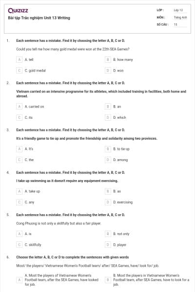 Bài tập Trắc nghiệm Unit 13 Writing