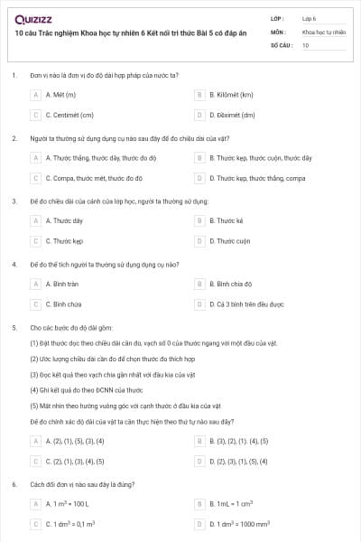 10 câu Trắc nghiệm Khoa học tự nhiên 6 Kết nối tri thức Bài 5 có đáp án