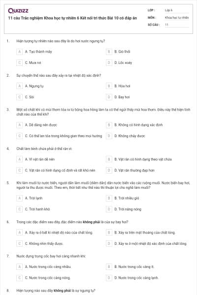 11 câu Trắc nghiệm Khoa học tự nhiên 6 Kết nối tri thức Bài 10 có đáp án
