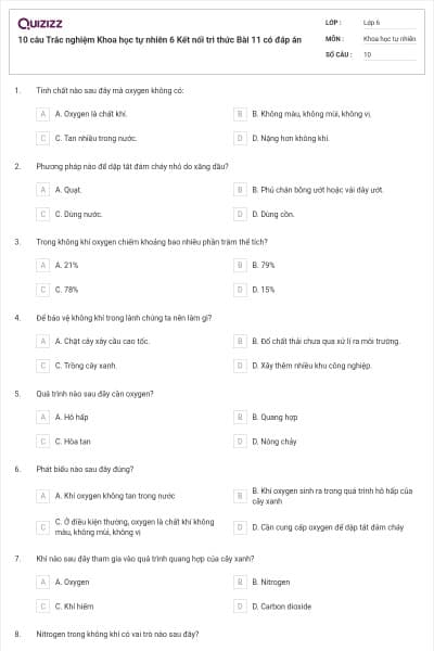 10 câu Trắc nghiệm Khoa học tự nhiên 6 Kết nối tri thức Bài 11 có đáp án