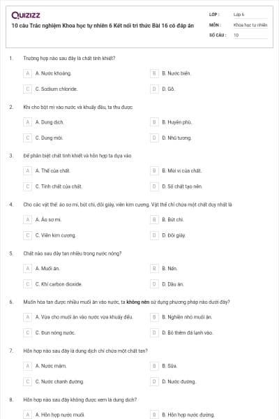 10 câu Trắc nghiệm Khoa học tự nhiên 6 Kết nối tri thức Bài 16 có đáp án
