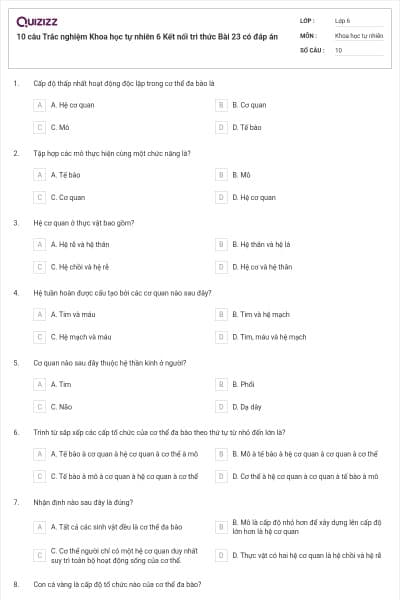 10 câu Trắc nghiệm Khoa học tự nhiên 6 Kết nối tri thức Bài 23 có đáp án