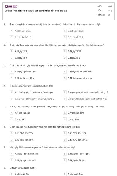 20 câu Trắc nghiệm Địa lý 6 Kết nối tri thức Bài 8 có đáp án