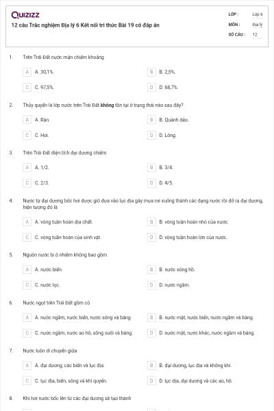 12 câu Trắc nghiệm Địa lý 6 Kết nối tri thức Bài 19 có đáp án