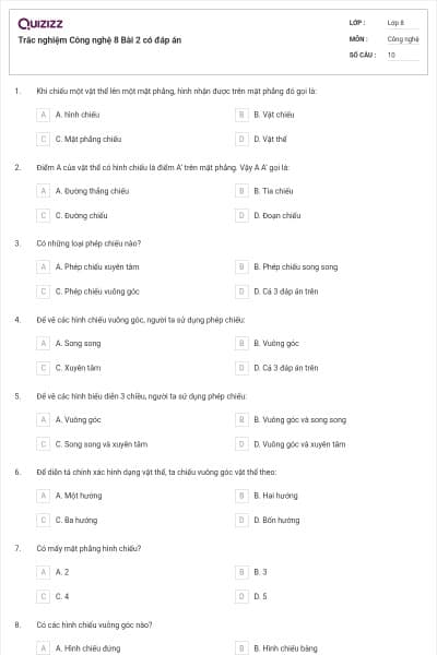 Trắc nghiệm Công nghệ 8 Bài 2 có đáp án