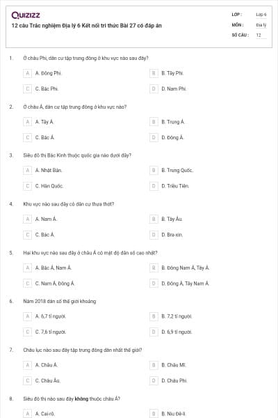 12 câu Trắc nghiệm Địa lý 6 Kết nối tri thức Bài 27 có đáp án
