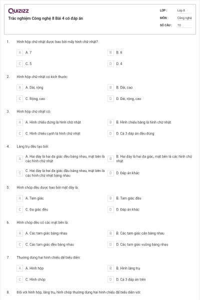 Trắc nghiệm Công nghệ 8 Bài 4 có đáp án