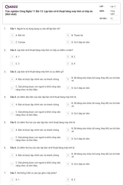 Trắc nghiệm Công Nghệ 11 Bài 13: Lập bản vẽ kĩ thuật bằng máy tính có đáp án (Mới nhất)