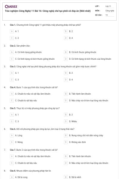 Trắc nghiệm Công Nghệ 11 Bài 16: Công nghệ chế tạo phôi có đáp án (Mới nhất)
