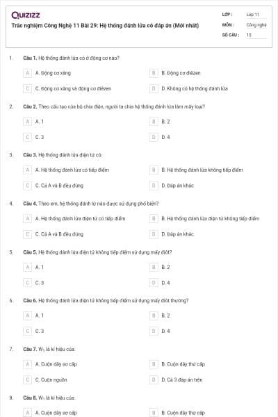 Trắc nghiệm Công Nghệ 11 Bài 29: Hệ thống đánh lửa có đáp án (Mới nhất)