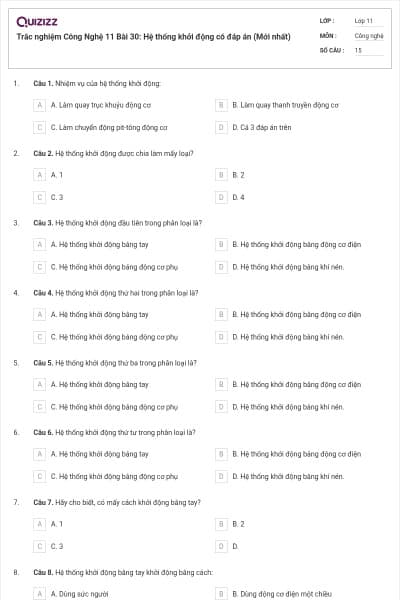 Trắc nghiệm Công Nghệ 11 Bài 30: Hệ thống khởi động có đáp án (Mới nhất)
