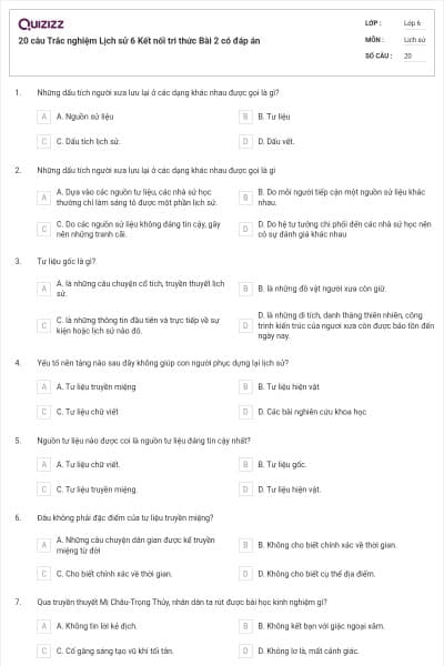 20 câu Trắc nghiệm Lịch sử 6 Kết nối tri thức Bài 2 có đáp án