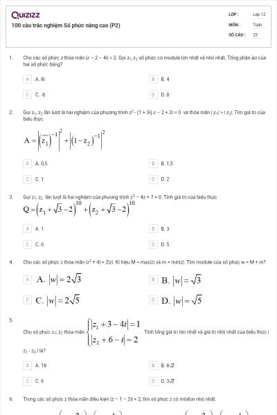 100 câu trắc nghiệm Số phức nâng cao (P2)